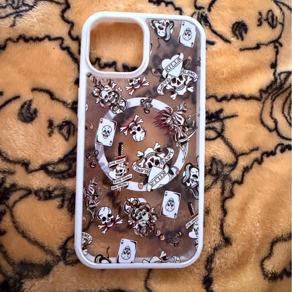 Brown Skull & Cards Phone Case with White Trim